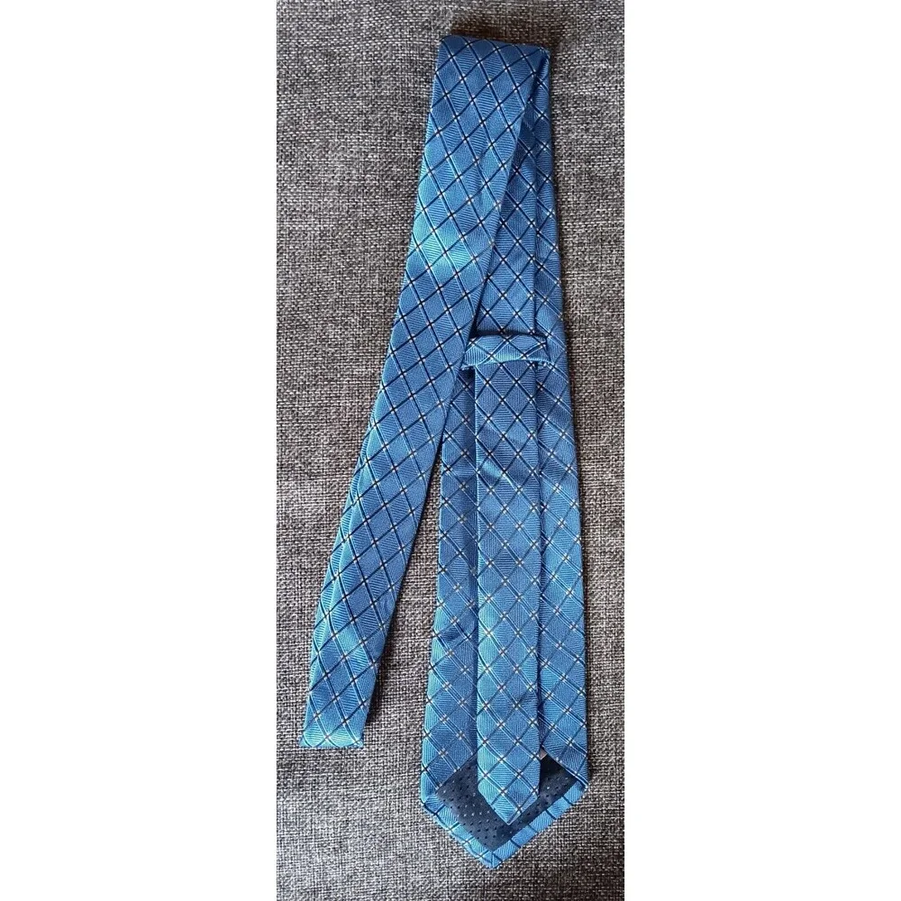 Tie 70s 80s 90s Y2K Mens Classic Blue Check 3.5 Wide 59 Long